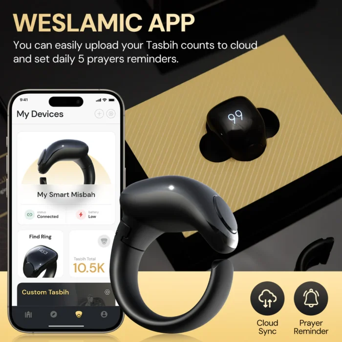 Itasbih Zikr Ring Smart Tasbeeh Counter, Weslamic iTasbih Ring - Salam (2 Sizes in One). By: WESLAMIC. It has an APP "WESLAMIC" That you can easily Download from Your Apple Store or Play Store and Connect to your Phone Through Bluetooth. In addition to that This iTasbih Smart Zikr Ring is Waterproof "Water Resistant Ring". - Image 4
